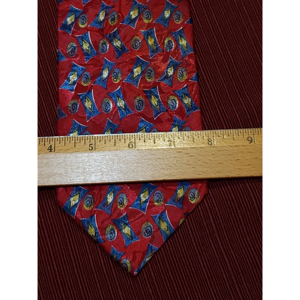 Vintage Oleg Cassini Polyester Necktie  Blue and Gold Geometric Red Fashion
